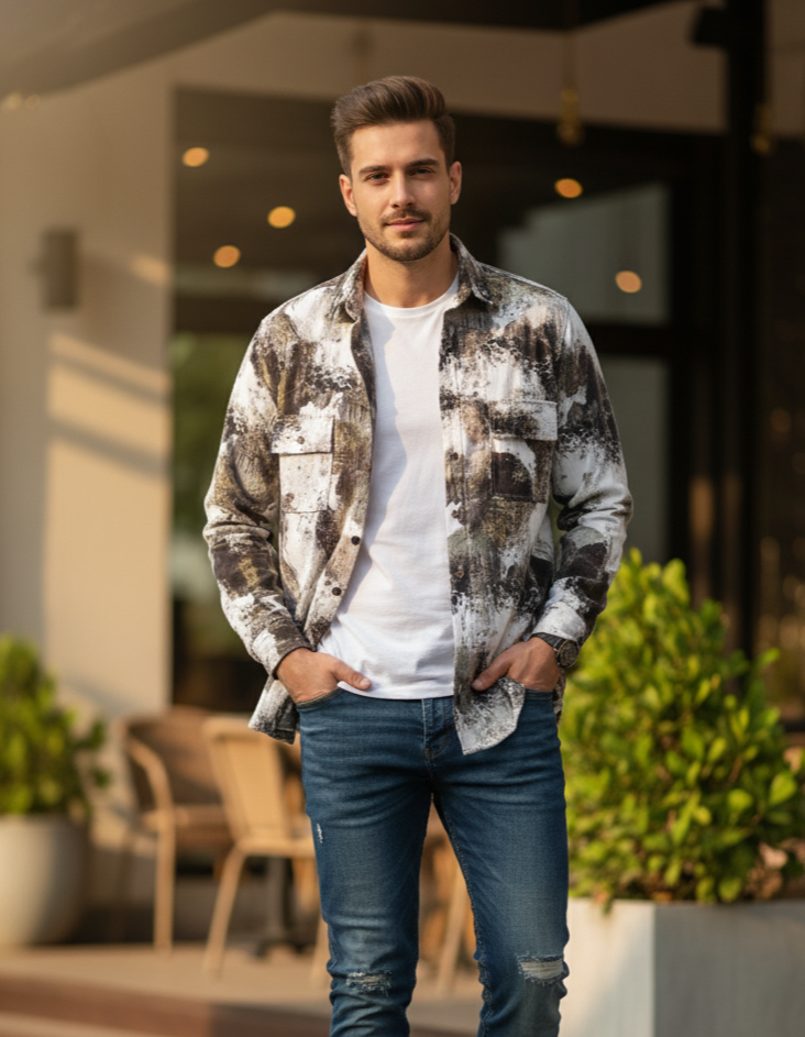 Men's Distressed Print Shacket